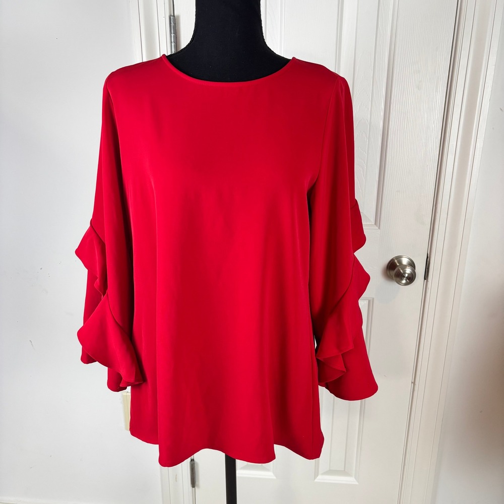Chico's Red Ruffle Sleeve Blouse Top Size 1 US 8/10 Solid Red Back Zip Tiered